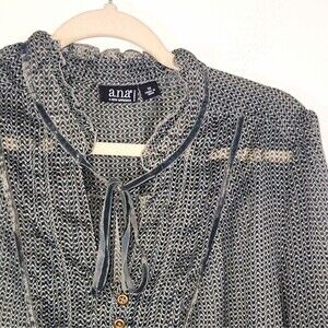 a.n.a Lightweight Sheer Chiffon Tie Ruffle Neck Button Modern Peasant Blouse 1X